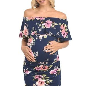 HELLO MIZ Women's Floral Ruffle Off Shoulder Maternity Dress - L